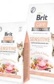 Пълноценна суха храна за котки с чувствително храносмилане Brit Care Cat Grain-Free SENSITIVE HEALTHY DIGESTION AND DELICATE TASTE със 26% прясно пуешко, 26% сьомга и зеленчуци, БЕЗ ЗЪРНЕНИ КУЛТУРИ 0.400 кг.