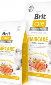 Пълноценна суха храна за котки за красива козина и здрава кожа Brit Care Cat Grain-Free HAIRCARE HEALTHY AND SHINY COAT със 26% прясно месо от сьомга, 26% пилешко и зеленчуци, БЕЗ зърнени култури 0.400 кг.