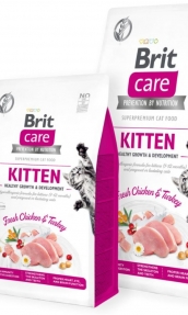 Пълноценна суха храна за котенца и кърмещи котки с коластра Brit Care Cat Grain-Free KITTEN HEALTHY GROWTH AND DEVELOPMENT със 26% прясно пилешко и зеленчуци, БЕЗ зърнени култури 7 кг.