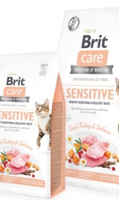 Пълноценна суха храна за котки с чувствително храносмилане Brit Care Cat Grain-Free SENSITIVE HEALTHY DIGESTION AND DELICATE TASTE със 26% прясно пуешко, 26% сьомга и зеленчуци, БЕЗ ЗЪРНЕНИ КУЛТУРИ 7 кг.