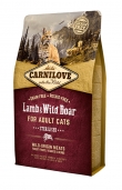Пълноценна суха храна за кастрирани котки Carnilove Lamb & Wild Boar for Adult Cats – Sterilised със 35% глиганско и 24% агнешко, БЕЗ ЗЪРНЕНИ КУЛТУРИ 2 кг.