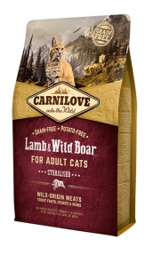 Пълноценна суха храна за кастрирани котки Carnilove Lamb & Wild Boar for Adult Cats – Sterilised със 35% глиганско и 24% агнешко, БЕЗ ЗЪРНЕНИ КУЛТУРИ 0.400 кг.