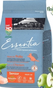 Супер премиум храна за котки Essentia SENIOR 9+/Ageing, БЕЗ ЗЪРНО, 66% протеин от прясно пилешко месо + куркума и розмарин, за котки, които имат достъп до външна среда или за такива с ниско телесно тегло 0.300 кг.