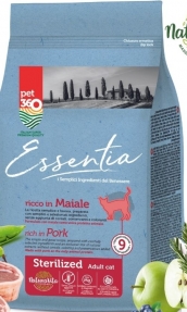 Супер премиум храна за котки Essentia STERILIZED, БЕЗ ЗЪРНО, с 86% протеин от пряснo свинско месо + куркума и розмарин, за кастрирани котки 1.5 кг.