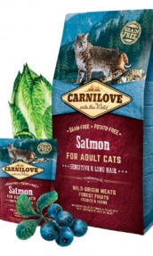 Пълноценна суха храна за добро храносмилане при дългокосмести котки Carnilove Salmon for Adult Cats – Sensitive & Long Hair със 30% сьомга, БЕЗ ЗЪРНЕНИ КУЛТУРИ 0.400 кг.