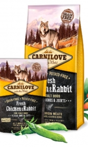 Натурална суха храна с прясно месо за здрави мускули и стави за кучета Carnilove FRESH Chicken & Rabbit muscles, bones and joints for Adult със 40% прясно пилешко и 20% заешко, БЕЗ ЗЪРНЕНИ КУЛТУРИ 12 кг.