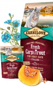 Натурална суха храна с прясно месо за кастрирани котки Carnilove Fresh Carp & Trout Sterilised for adult cats със 25% пресен шаран и 20% пъстърва, БЕЗ ЗЪРНЕНИ КУЛТУРИ 0.400 кг.