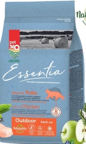 Супер премиум храна за котки Essentia OUTDOOR, БЕЗ ЗЪРНО, със 77% протеин от прясно пилешко месо + куркума и розмарин, за котки, които имат достъп до външна среда или за такива с ниско телесно тегло 1.5 кг.