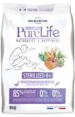 Pure Life Cat STERILIZED 8+ С ПАТЕШКО И БЯЛА РИБА 8 кg -  Пълноценна храна за кастрирани котки и/или котки със склонност към напълняване, над 8-годишна възраст, без зърнени култури,  без глутен, с 85% животински протеин. Подходяща и за чувствителни котки.