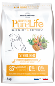 Pure Life Cat STERILIZED С ПАТЕШКО И САРДИНИ 8 kg - Пълноценна храна за кастрирани котки и/или котки със склонност към напълняване, без зърнени култури,  без глутен, с 85% животински протеин. Подходяща и за чувствителни котки. Произведена във Франция.
