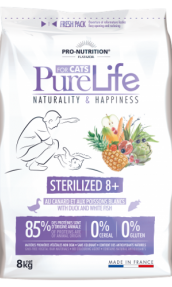 Pure Life Cat STERILIZED 8+ С ПАТЕШКО И БЯЛА РИБА 8 кg - Пълноценна храна за кастрирани котки и/или котки със склонност към напълняване, над 8-годишна възраст, без зърнени култури, без глутен, с 85% животински протеин. Подходяща и за чувствителни котки.