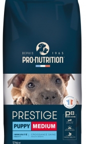 PRESTIGE DOG PUPPY MEDIUM 12 kg - Пълноценна храна за подрастващи кученца от средни породи, както и за женски кучета в края на бременността или в периода на кърмене. Произведена във Франция.